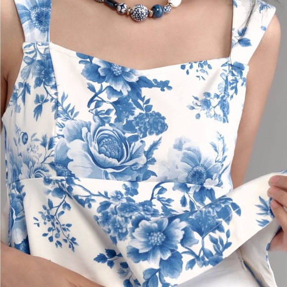 Anthropologie Maeve Square Neck Peplum Tank Top Blue White Pattern Sz L NEW - Picture 3 of 11